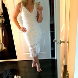 Parker Small white midi dress deep V with fringe